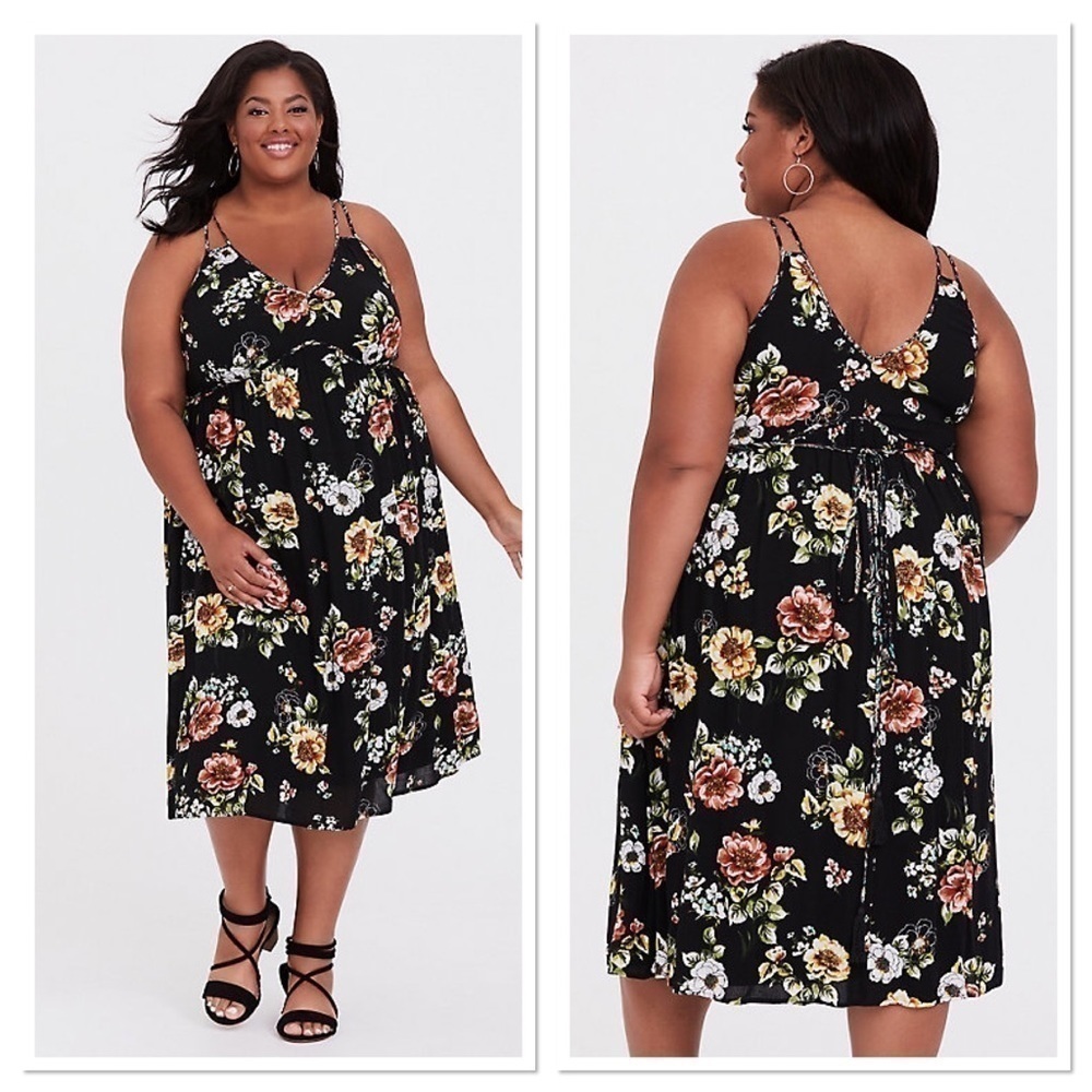 Torrid BLACK FLORAL MIXED PRINT MIDI DRESS - Picture 2 of 12